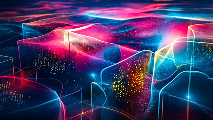 vibrant neon colors, glowing lines and shapes in shades of pink, blue, and yellow, creating a futuristic and dynamic landscape with a sense of depth and movement. abstract background