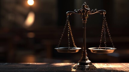 A pair of intricately designed antique brass balance scales, symbolizing the concept of justice and fairness, stand on a wooden surface in a dimly lit courtroom setting.