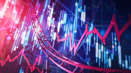 Fototapeta premium Stock market charts and graphs with a rollercoaster background. Instability of the stock and cryptocurrency market. Business and analysis concept.