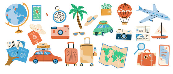 Naklejka premium Trip planning world tour concept illustrations set. Travel stickers collection. Summer vacation plane and ship, baloon, car and other transports, holiday icons set. Travel destinations choose.