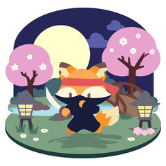 Kawaii Ninja Fox. Cute and Stealthy Nighttime Adventure. Adorable Fox Ninja in Cherry Blossom Garden. Cartoon Ninja Fox with Sword Under the Full Moon.