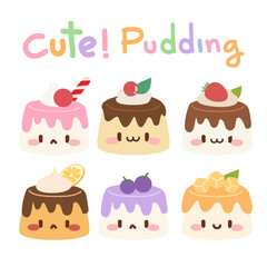 Cute Kawaii Pudding Desserts. Adorable Cartoon Illustration. Kawaii Pudding Characters. Sweet and Charming Dessert Art. Colorful Kawaii Pudding Treats.
