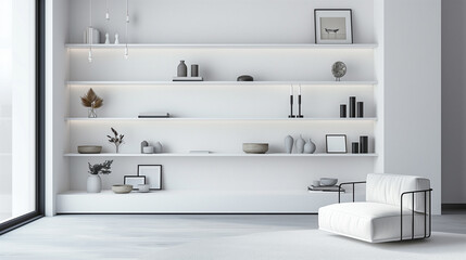 A clean, minimalist wall design featuring streamlined shelves with a carefully selected array of decor pieces.