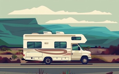 Traveling adventure an rv parked in front of majestic mountain landscape on the side of the road