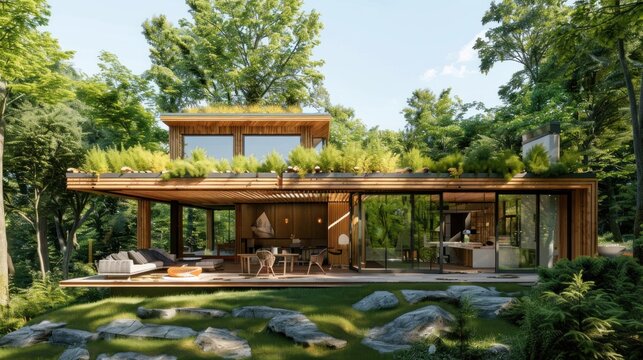 Projet de maison d'architecte en bois naturel avec un toit &Atilde;&nbsp; deux pentes au milieu de la for