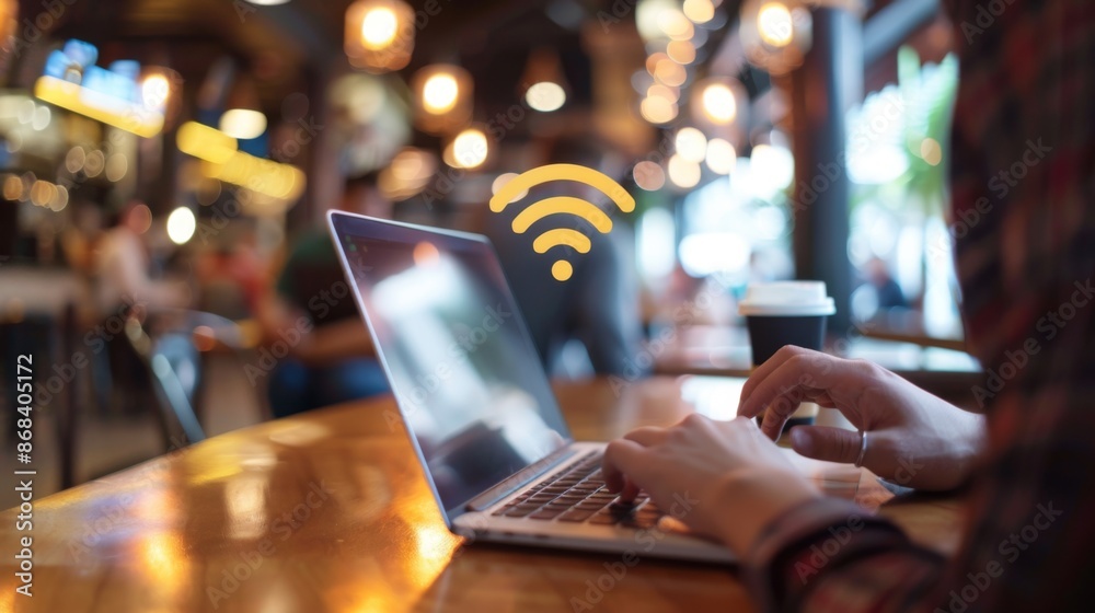 Poster a person using a laptop in a coffee shop, connected to the internet via public wi-fi, illustrating t