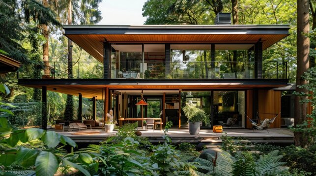Projet de maison d'architecte en bois naturel avec un toit &Atilde;&nbsp; deux pentes au milieu de la for