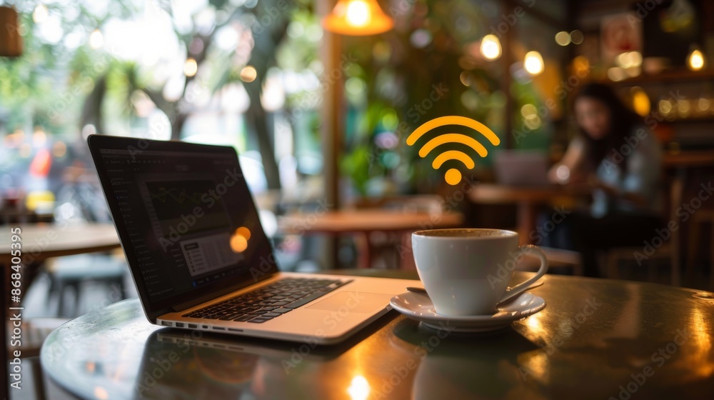 Aufkleber a person using a laptop in a coffee shop, connected to the internet via public wi-fi, illustrating t