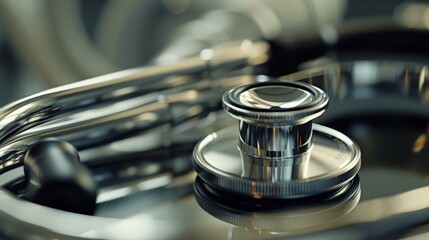 Close-up macro photography of a stethoscope, focusing on the diaphragm and tubing.