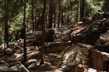 Kadianda or cadyanda antique Lycian town ruins in the forest, stairs, buildings, abandones forest paths, Fethiye open air museum
