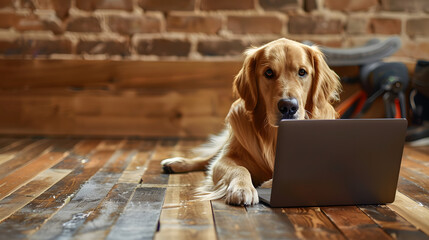 Golden retriever dog at laptop on wooden floor