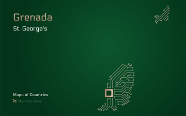 Grenada Map with a capital of St. George's Shown in a Microchip Pattern with processor. E-government. World Countries vector maps. Microchip Series	
