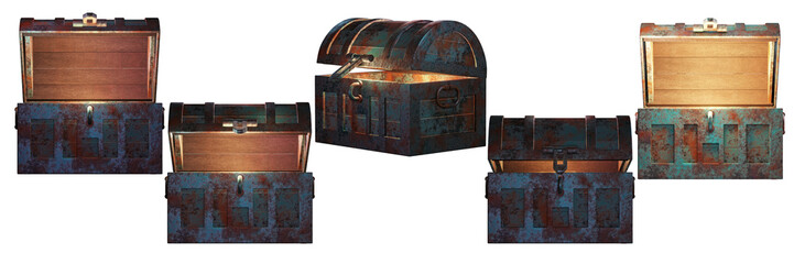 Set of open wooden treasure box old rusty metal edge open and empty front view 3D rendering