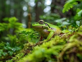 Naklejka premium vibrant green tree frog crouching low on mossy forest floor closeup nature photography
