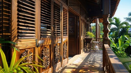 tropical villa with wooden Bahama shutters intricately carved with local motifs, enhancing the cultural connection and aesthetic appeal