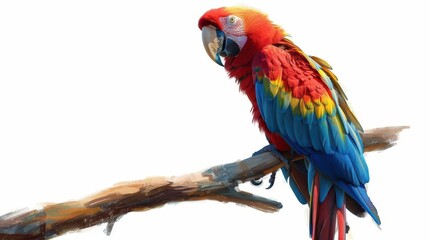 Fototapeta premium vibrant red macaw perched on branch isolated on white background digital painting for decorative projects