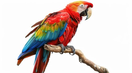 Obraz premium vibrant red macaw perched on branch isolated on white background digital painting for decorative projects