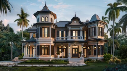 Obraz premium Victorian home with contrasting modern Bahama shutters, melding old-world charm with new-world functionality