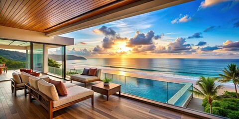 Fototapeta premium Beach luxury villa hotel overlooking the ocean with a breathtaking view of the sky , beach, luxury, villa, hotel, ocean