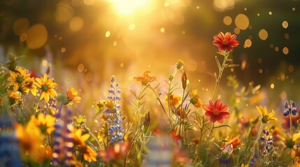 vibrant wildflower meadow sunlit summer blossoms with dreamy bokeh nature photography