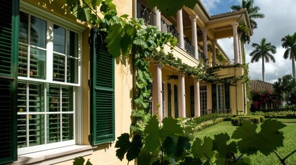 vineyard estate with elegant Bahama shutters in deep green, echoing the lush vine leaves and adding a touch of sophistication