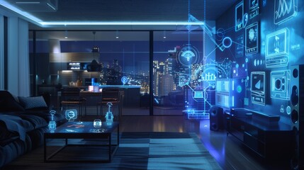 A smart home setup with various devices connected wirelessly, such as lights, speakers, and security cameras