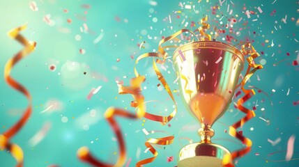 victory radiance gleaming golden trophy with festive streamers on vibrant blue background 3d render