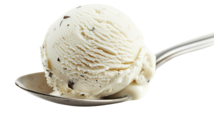 A scoop of vanilla bean ice cream on a spoon isolated on a transparent background
