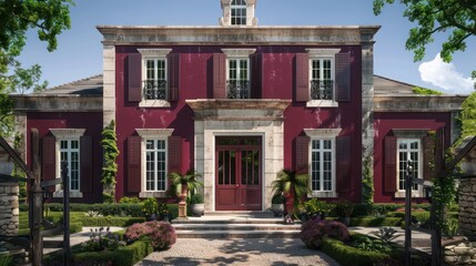 vineyard estate with elegant Bahama shutters in deep burgundy, reflecting the richness of the wine produced there