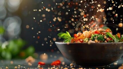 A contemporary Thai food explosion banner with dynamic splashes of sauces and holographic food displays with copy space