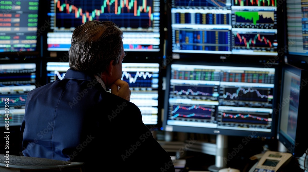 Leinwandbilder a stockbroker analyzing multiple computer screens displaying stock market charts and graphs in a hig