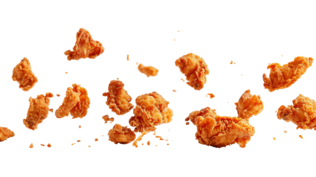 Flying chicken fries on transparent background