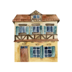 Old European city town street houses, timber fachwerk facades. Historical cityscape building. Watercolor hand drawn illustration. For tourist shops, souvenirs, travel brochures, architectural bureau