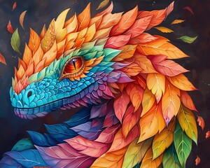 Obraz premium Dragon with scales of autumn hues, autumn dragon, blending with seasonal colors