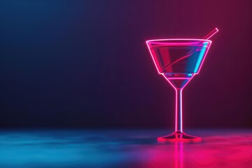 A minimalist cyber drink banner featuring a glowing neon cocktail glass on a sleek digital background with copy space