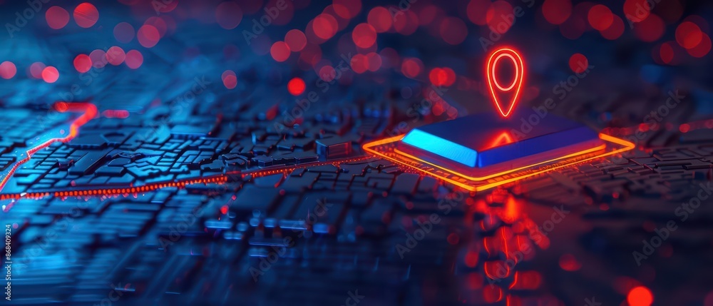 Wall mural a modern cyber interface highlighting a neonlit point on an interactive map with copy space