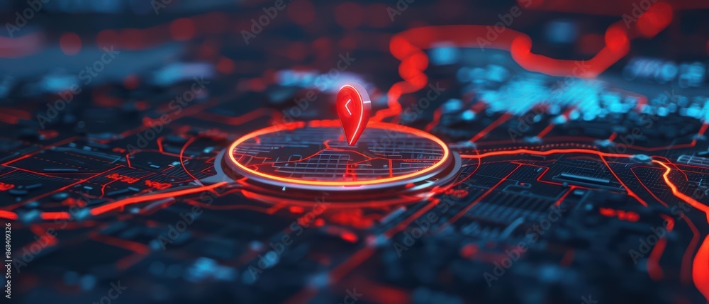 Wall mural A modern cyber interface highlighting a neonlit point on an interactive map with copy space