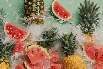 A powerful visual of pineapples and watermelons erupting into a dynamic scene, with copy space