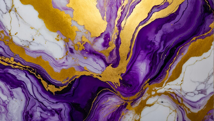 Abstract colorful unique marble or liquid background in gold, purple, white colors. Modern art. fluid art