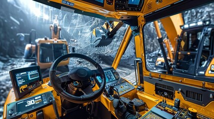 A yellow construction vehicle with a large steering wheel and a digital display