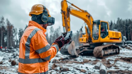 Fototapeta premium A man in an orange jacket is wearing a hard hat and holding a tablet