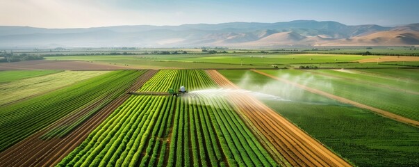 Aerial view of a lush green farm field with a tractor spraying crops, and mountains in the background under a clear sky.