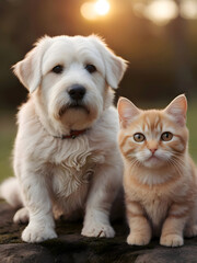 Obraz premium Cute Animal Cat Dog Couple Posing Photography Art