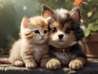 Obraz premium Cute Animal Cat Dog Couple Posing Photography Art