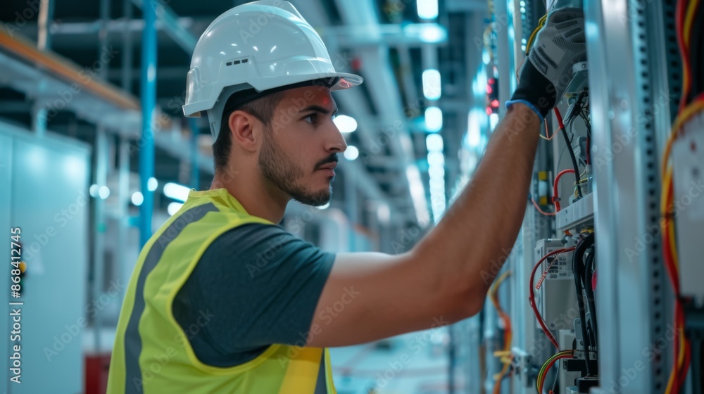 Poster An electrical engineer installing and testing wiring systems in a new building, focusing on safety and functionality.