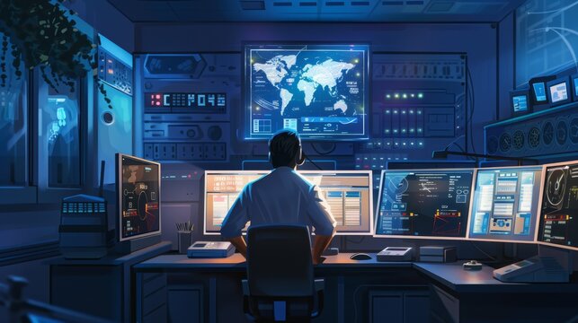 An engineer in a control room, monitoring various systems and ensuring everything is running smoothly and efficiently.