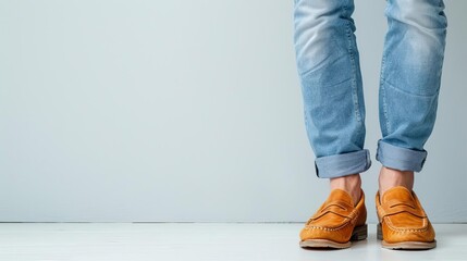 A highly detailed and sharp close-up image of vintage bell-bottom jeans paired with classic loafers