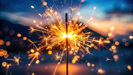 Obraz premium Close-up shot of a glowing sparkler emitting sparks against a dusk background, sparkler, close-up, glowing, warmth