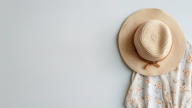 A super sharp image of a classic straw hat next to a beautifully patterned floral dress