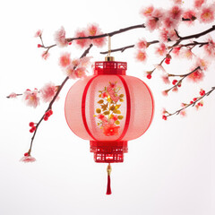 generated illustration of decorated chinese latern with cherry blossom isolated white
